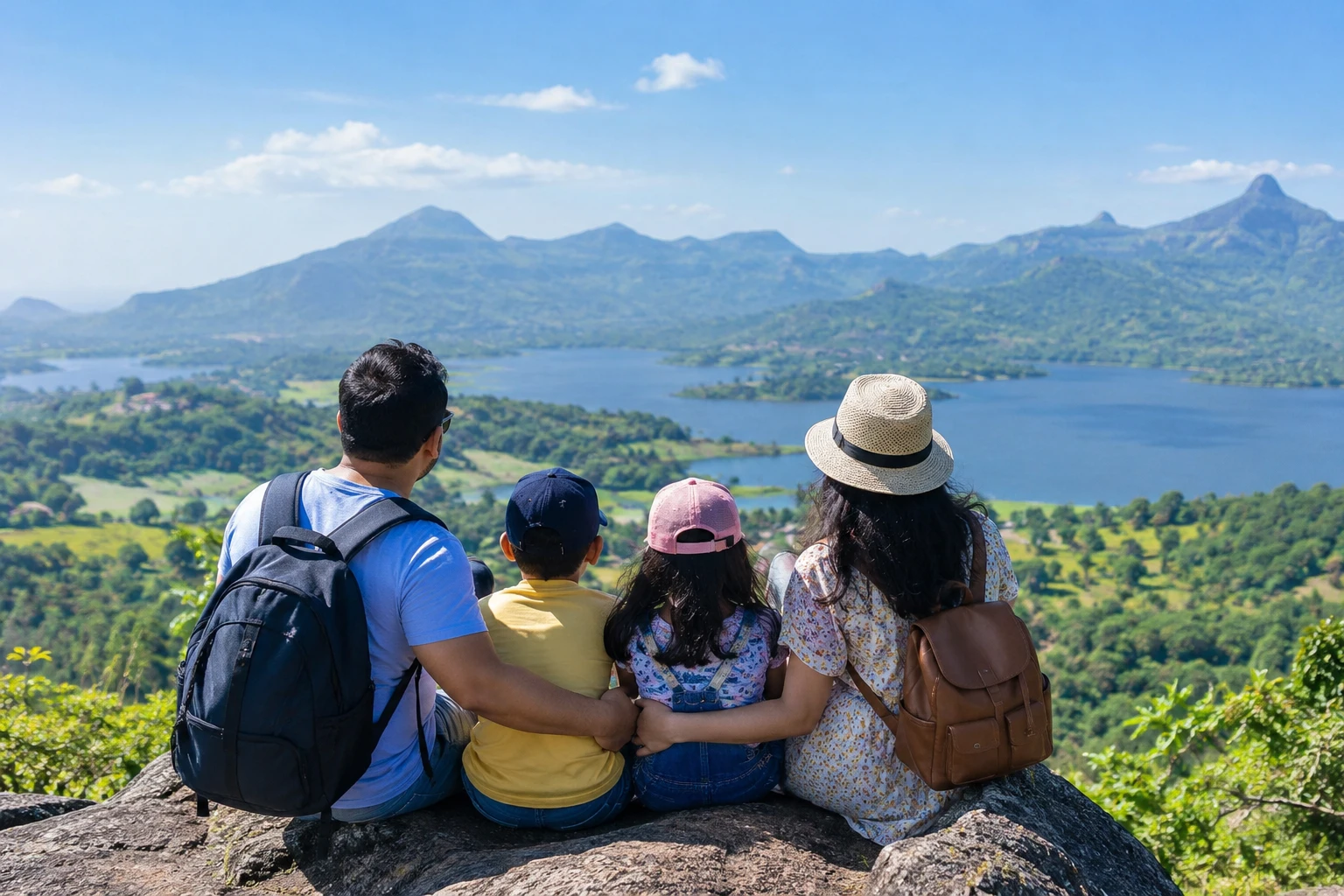 Family enjoying a holiday in India with scenic mountains and lake